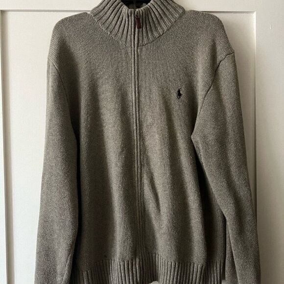 Polo Ralph Lauren Size L Full Zip Knit Sweater Jacket Coat Gray Cotton Pockets - Picture 1 of 8